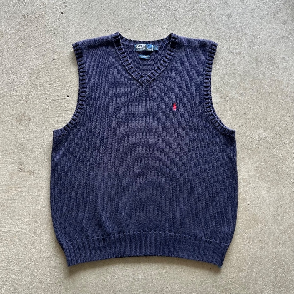 Vintage 90s Polo Ralph Lauren Sweater Vest Size Large Navy Blue Pullover Cotton‎